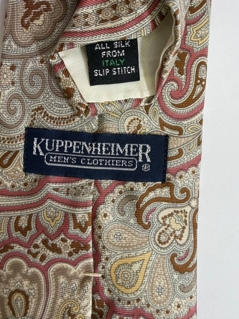 Vintage Kuppenheimer Tie Italian Silk Made In USA Paisley Red Gray Taupe VTG